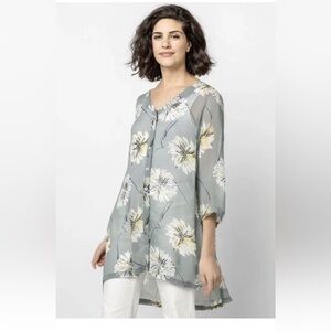 Komil KATRINA Print Button Up Tunic Long Sleeve High Low Gray Floral Size L EUC